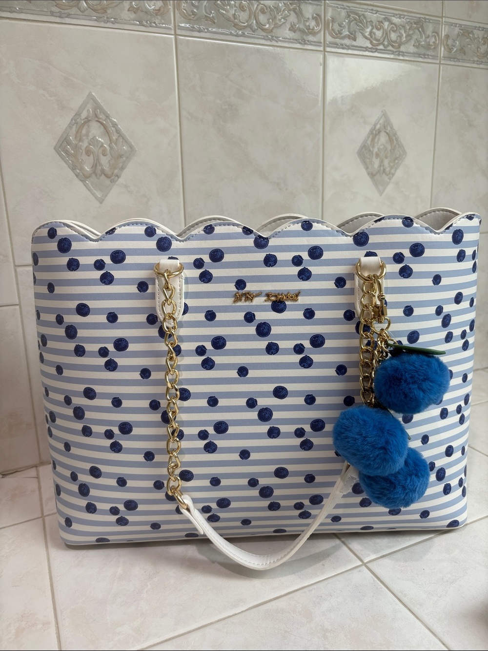 Betsey Johnson Striped Navy Blueberry Dot Tote Bag with Berry Pom Pom Charm